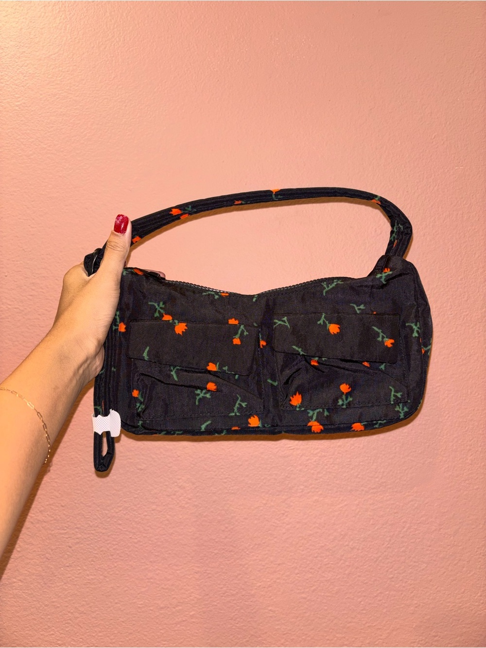 BAGGU Black Red Floral Shoulder Bag